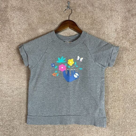 Hanna Andersson Sloth Sweatshirt Girls 140 10 Gray Short Sleeve Terry Crewneck - Picture 1 of 7